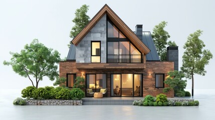 Wall Mural - b'A modern two-story house with a brick exterior and a large glass window'