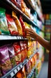 © Adobe Contributor - b'Person's hand reaching for a bag of chips on a grocery store shelf'