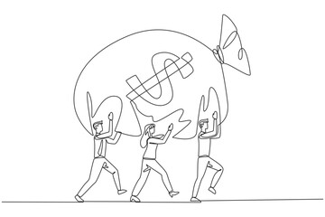 Poster - continuous one line drawing a group of businessmen and businesswomen work together to carrying money
