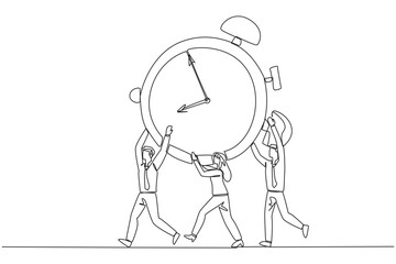 Poster - continuous one line drawing a group of businessmen and businesswomen work together carrying alarm cl