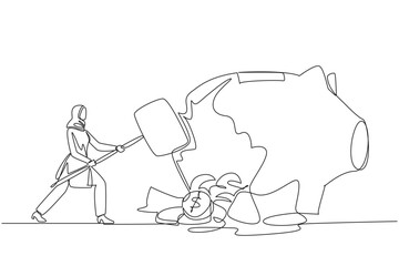 Wall Mural - Single one line drawing Arab businesswoman hit big piggy bank with big hammer until cracked. Coins scattered around. Financial plans in disarray. Problem. Continuous line design graphic illustration