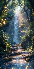 Poster - fantasy forest waterfall landscape scenery