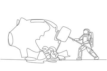 Poster - Single one line drawing astronaut hit big piggy bank with big hammer until it cracked. Coins scattered around. Not according to plan. Funding difficulties. Continuous line design graphic illustration