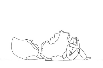 Poster - Continuous one line drawing Arabian businessman sit slump next to a large, destroyed big piggy bank. Lament the fate. No capital at all. No savings left. Single line draw design vector illustration