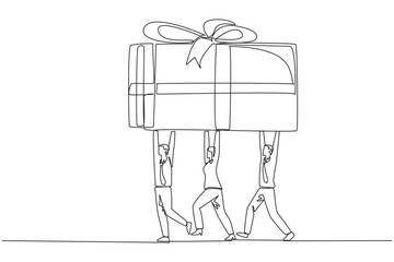 Poster - single one line drawing groups of businessmen and businesswomen work together to carrying gift box. 