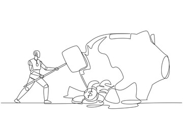 Poster - continuous one line drawing robot hit big piggy bank with a big hammer until it cracked. coins scatt