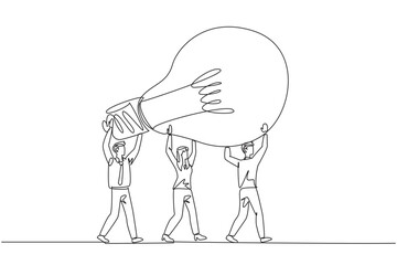 Poster - Single continuous line drawing a group of businessmen and businesswomen work together to carrying a lightbulb. Providing innovation. Brilliant idea. Enlightening. One line design vector illustration
