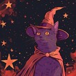 A digital painting of a cat wearing a wizard hat and cape, with a starry night sky in the background.