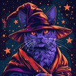 A digital painting of a cat wearing a wizard hat with a starry night sky in the background.