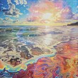 A painting of a beach with a psychedelic twist.