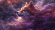 A mystical red fox surrounded by purple clouds