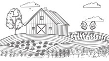 A Black And White Line Drawing Of A Farm. The Barn Is In The Middle Of The Image With A Large Tree To The Left And A Few Smaller Trees To The Right.