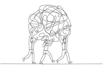 Poster - Single continuous line drawing group of businessmen and businesswomen work together carrying heavy messy circle. Eliminates excess anxiety. Reduce stress together. One line design vector illustration