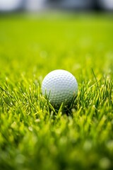 Wall Mural - b'Close-up of a golf ball on the green grass of a golf course'