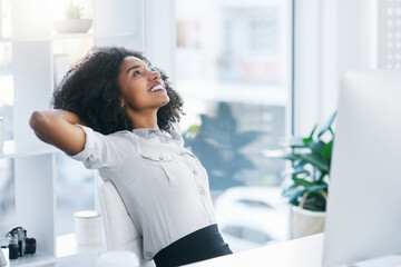Poster - Finish, thinking or happy businesswoman in office to relax for task achievement, good news or success. End, computer or consultant daydreaming with smile for resting, calm freedom or stretching arms