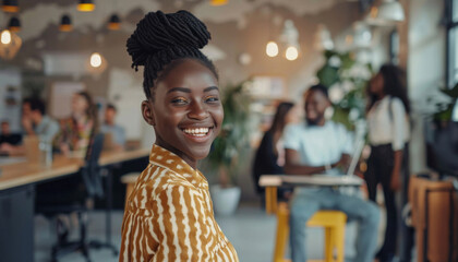 Wall Mural - Creative, office and portrait of black woman with smile at work for advertising agency, career and job. Happy, employee and female person with confidence in Nigeria for business, company and pride