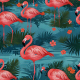 Fototapeta Tulipany - Summer pool floating with flamingo. Seamless pattern. 