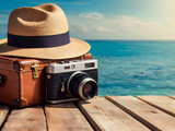 Fototapeta Tulipany - Vintage suitcase, hipster hat, photo camera and passport on wooden deck. Tropical sea, beach and palm three in background. Summer holiday traveling concept design banner with copy space.