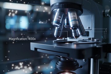 Poster - advanced medical microscope in a high-tech laboratory environment, illuminated for precision