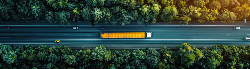 Wall Mural - Aerial view truck road in forest sunset. Journey freight transport. trucking vehicle speed down highway, delivering cargo. curve asphalt, pine rural industry transportation in motion. Commercial.