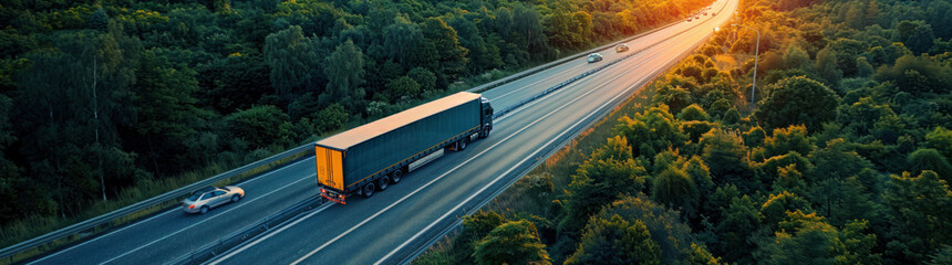 Poster - Aerial view big rig semi truck driving highway sunset. Journey freight delivery. Fast motion heavy vehicle in landscape. speed and direction trucking industry. Connection road, transport and business.