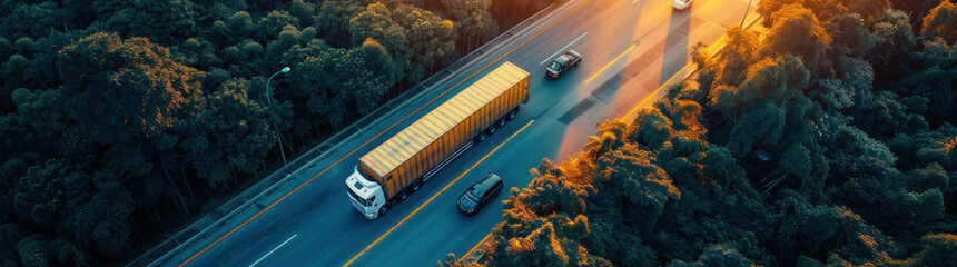 Wall Mural - Aerial view of cargo truck driving on the road in forest at sunset. Fast moving vehicle delivering freight, capturing the essence of logistics and transportation industry.