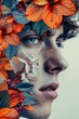 Against a graywhite background adorned with colorful leaves, a young man is artistically depicted with multicolored flower patterns, blending nature and artistry in a beautiful composition 8K , high-r