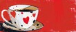 Against a rich red background, a coffee cup with a lipstick mark tells a story of a brief encounter or a moment of indulgence