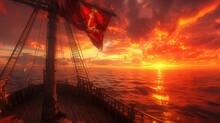 A Red Flag Is Flying On A Ship In The Ocean At Sunset. The Sky Is Orange And The Water Is Calm