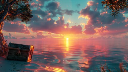 Poster - A small wooden chest is sitting on the beach next to the ocean. The sky is a beautiful mix of pink and orange hues, creating a serene and peaceful atmosphere