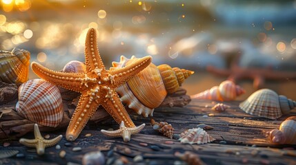 Fototapete - A starfish and a bunch of shells are on a wooden surface. The starfish is orange and the shells are of various colors. Concept of relaxation and leisure