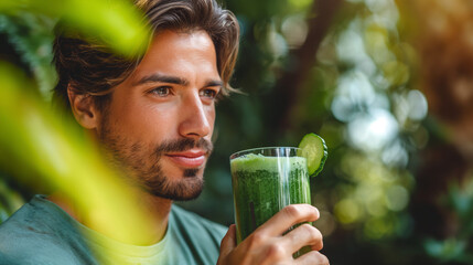 Wall Mural - Green smoothie man drinking vegetable juice after running sport fitness training. Healthy eating lifestyle concept with young man outdoors.