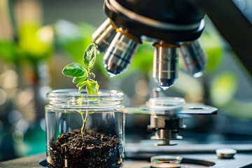 Wall Mural - small plant seedling in research lab with microscope. concept for biotechnology and genetic modifica