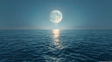 Poster - A large moon is reflected in the calm ocean waters. The scene is serene and peaceful, with the moon casting a soft glow on the water