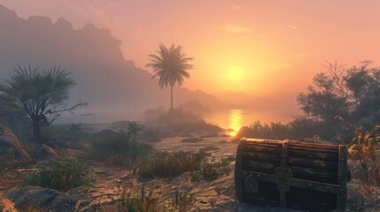 Poster - A small wooden chest is sitting on the beach near the water. The sun is setting in the background, casting a warm glow over the scene. Concept of tranquility and relaxation