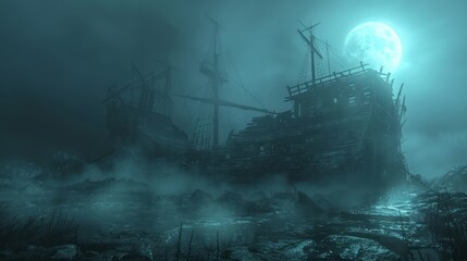 Poster - A shipwreck is shown in the dark with a full moon in the background. Scene is eerie and mysterious