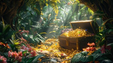 Poster - A gold chest is sitting in a lush green forest. The chest is filled with gold coins and jewels. The scene is serene and peaceful, with the bright sunlight shining through the trees