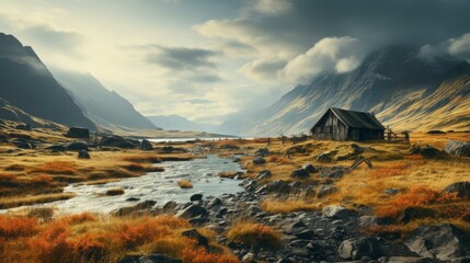 Wall Mural - b'A Remote Cabin in the Valley of Mountains'