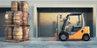 Forklift ready for loading goods at the gates of a warehouse (barrels of wine) - 3D Visualization