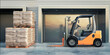 Forklift ready for loading goods at the gates of a warehouse (bags of cement) - 3D Visualization