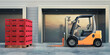 Forklift ready for loading goods at the gates of a warehouse (Beer crates) - 3D Visualization