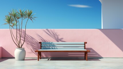 Canvas Print - b'Blue bench in front of pink wall with potted palm tree'