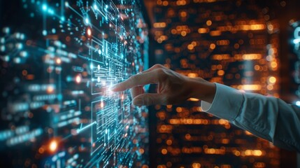 Close-up of a businessman using a holographic display showing digital security measures and encryption technologies, emphasizing cybersecurity importance, with space for text