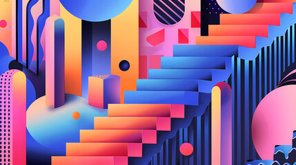 Wall Mural - abstract geometric illustration of a staircase featuring a blue balloon and a blue poster