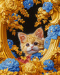 A kitten is looking out of a gold frame with blue flowers
