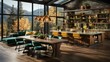 b'kitchen dining room with large windows and mountain views'