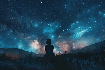 Wall Mural - An artistic rendering of a person sitting alone under the stars, feeling both small and connected to the universe