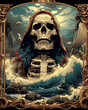 A skull with a hood is floating in the ocean