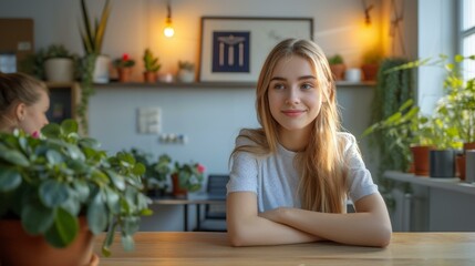 Wall Mural - b'Portrait of a young woman sitting at a table and looking at the camera'