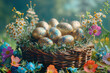 Easter eggs in a basket with colorful flowers